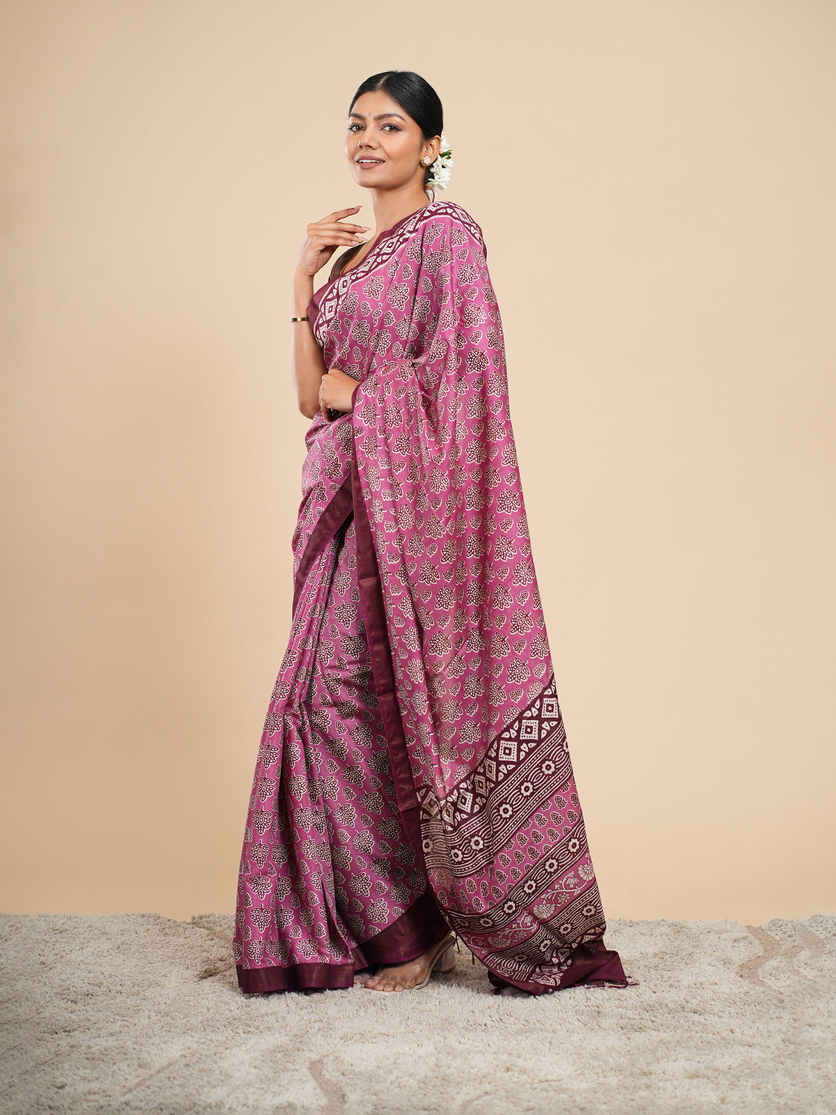 Pink Modal block-print saree, border detail – Koshnika