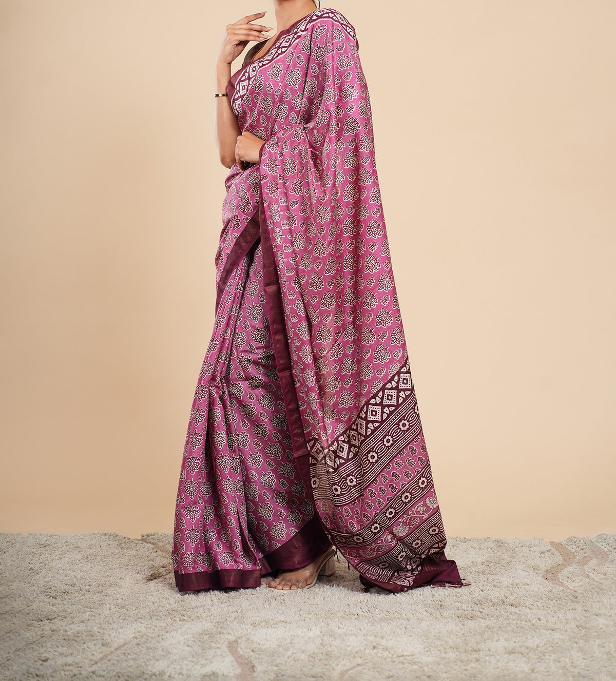 Pink Modal block-print saree, drape and fall – Koshnika