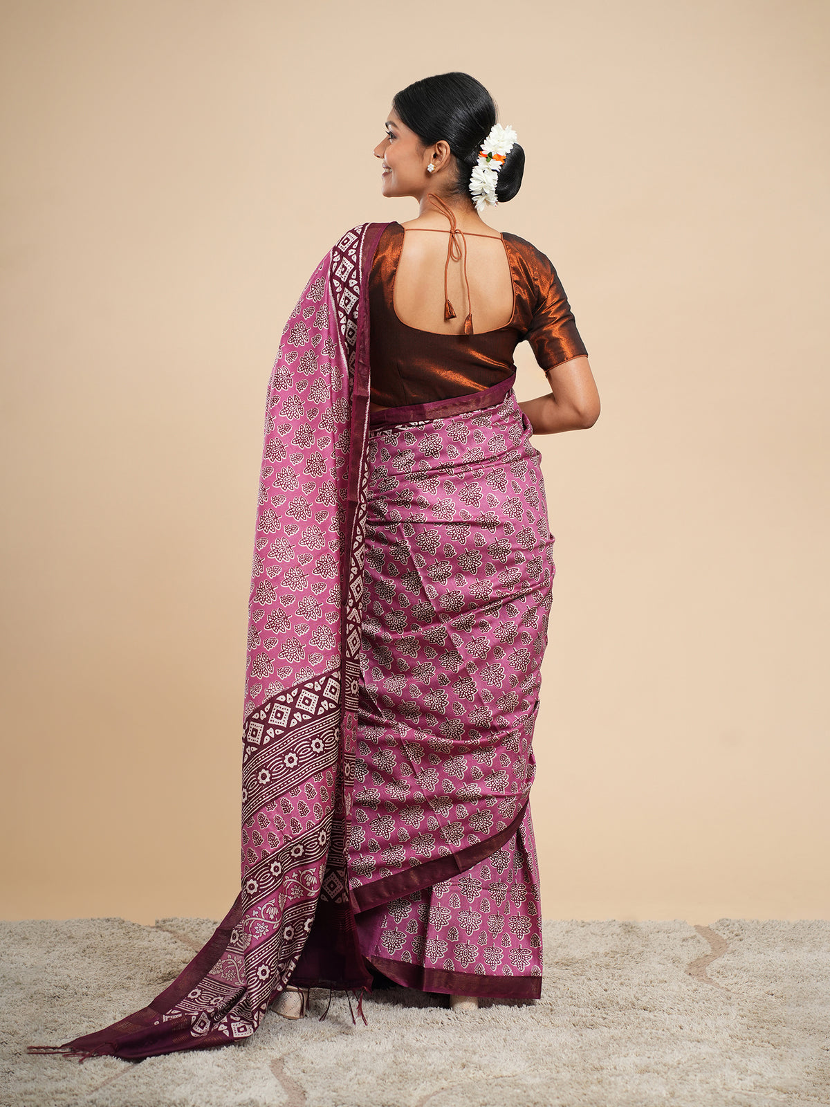 Pink Modal block-print saree, full-length drape – Koshnika
