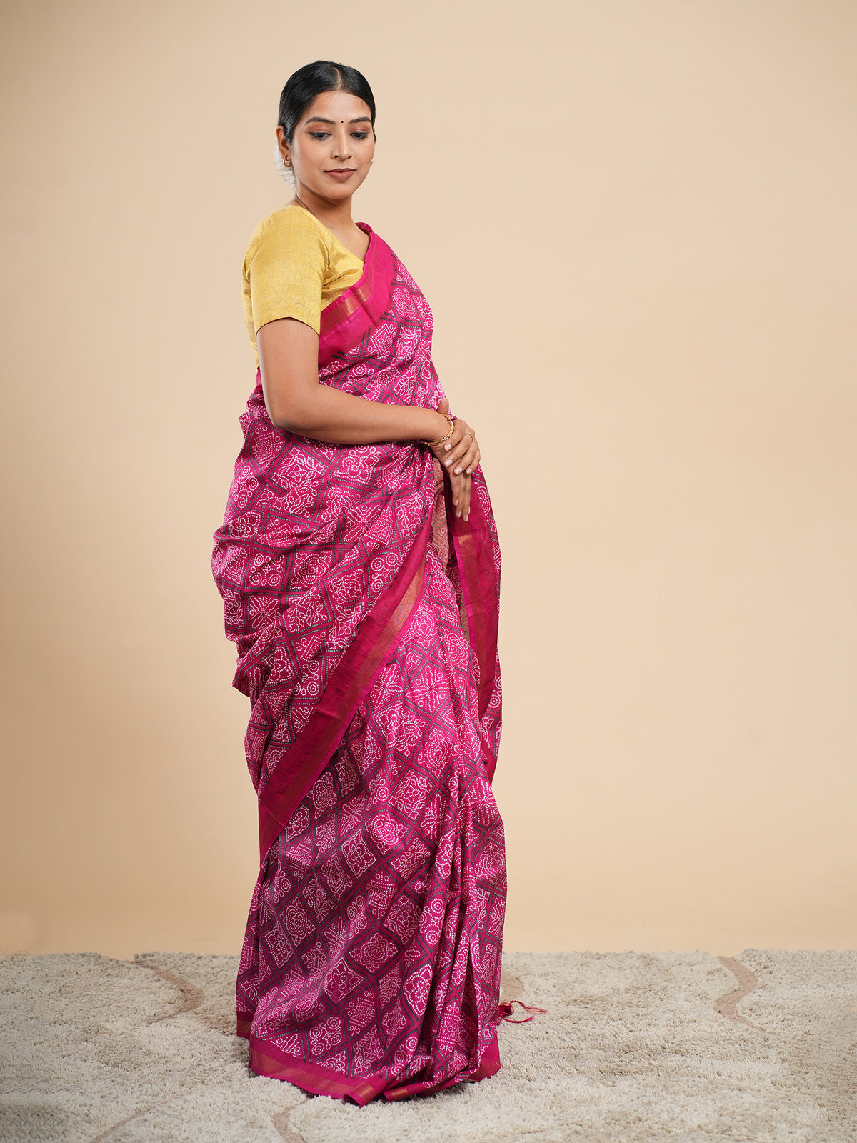 Magenta Chanderi Bandhni-print saree, full-length drape – Koshnika