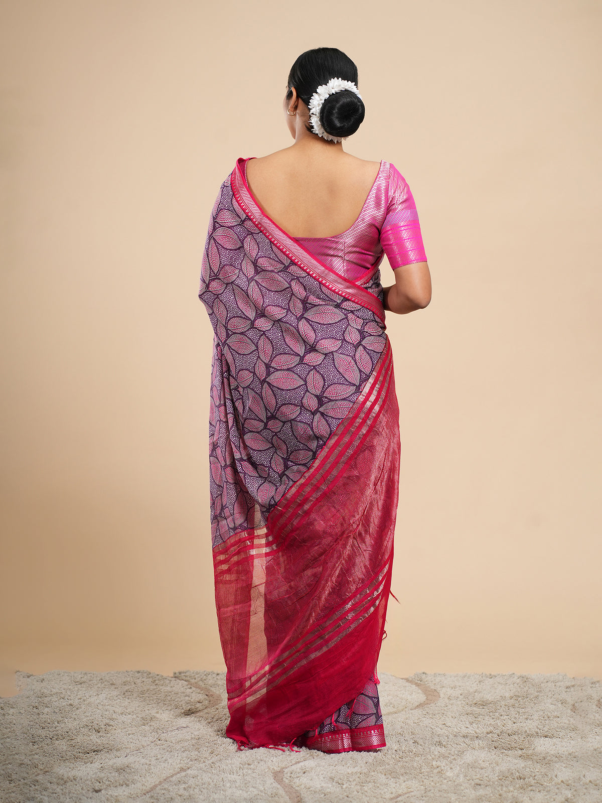 Magenta soft silk leaf-print saree, drape and fall – Koshnika
