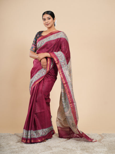 Deep maroon Vegan Silk Madhubani-print saree – Koshnika