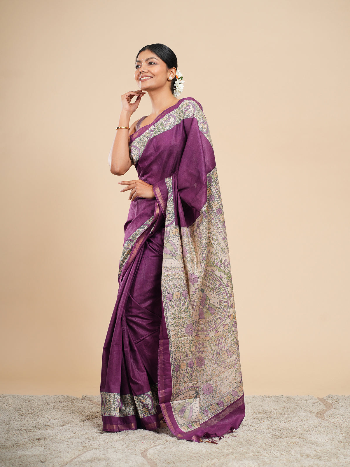 Plum Chanderi Madhubani-print saree, drape and fall – Koshnika