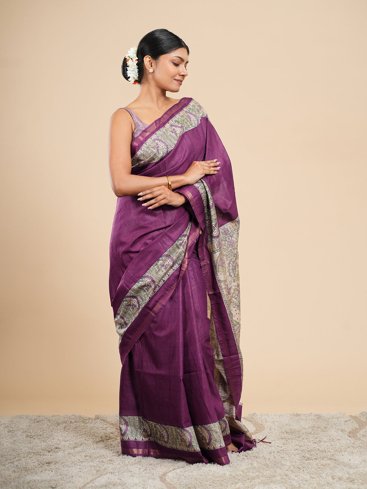 Plum Chanderi Madhubani-print saree, full-length drape – Koshnika