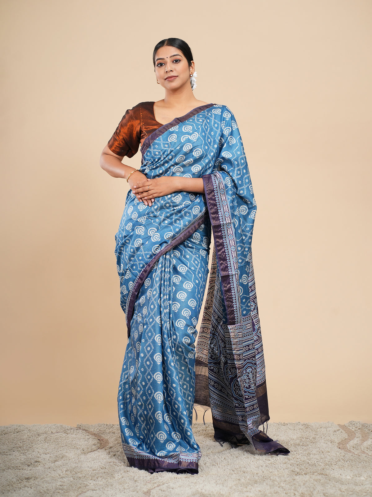Metallic blue Modal abstract-print saree, full-length drape – Koshnika