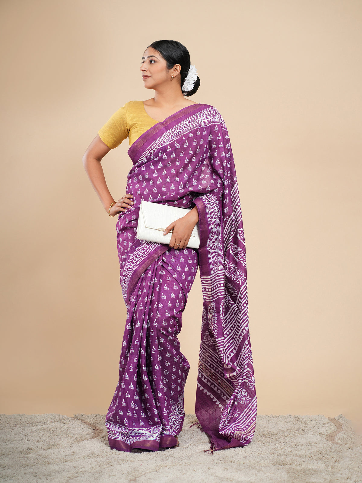 Violet Chanderi buti-print saree, full-length drape – Koshnika