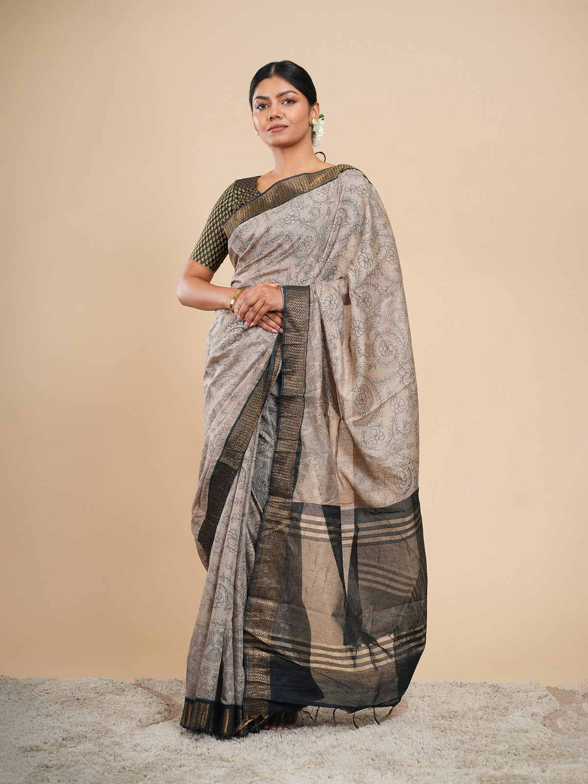 Stone beige Vegan Silk pencil Kalamkari-print saree – Koshnika
