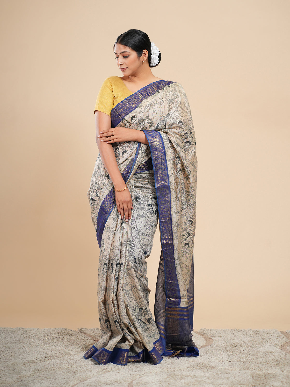 Beige and blue Vegan Silk pencil Kalamkari-print saree, drape and fall – Koshnika