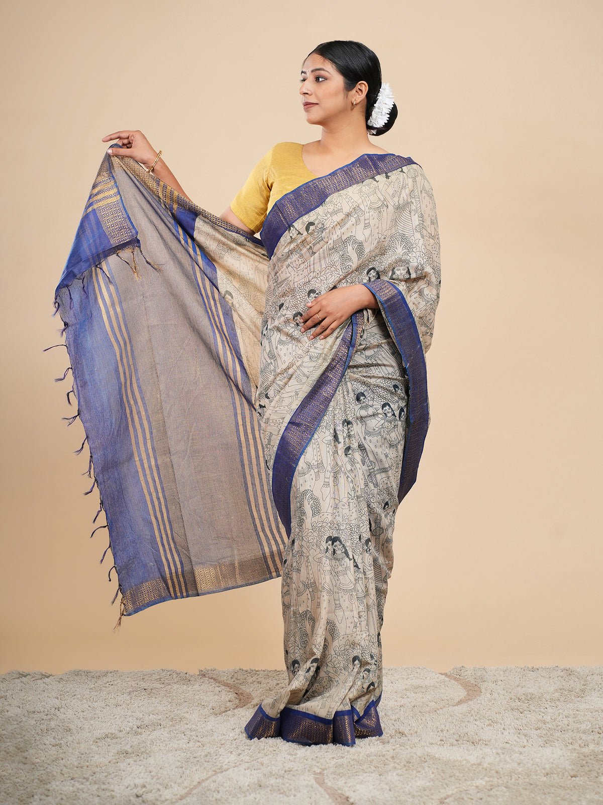 Beige and blue Vegan Silk pencil Kalamkari-print saree, full-length drape – Koshnika