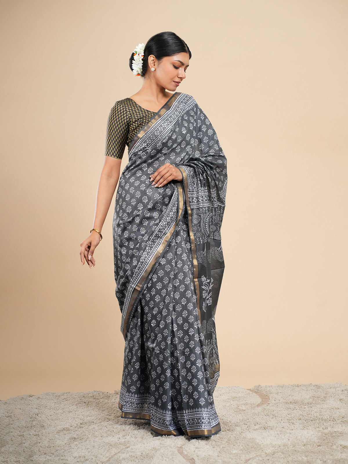 Charcoal grey Chanderi block-print saree, full-length drape – Koshnika
