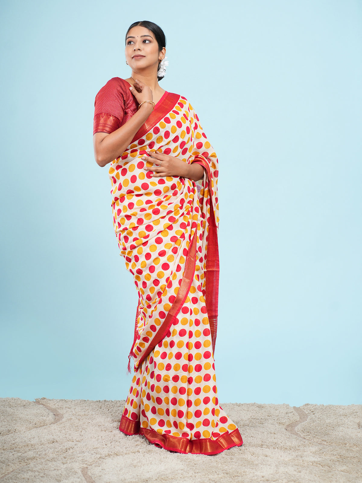 Ivory Vegan Silk polka-dot print saree, border detail – Koshnika