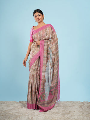 Blush striped bamboo tissue silk saree – Koshnika
