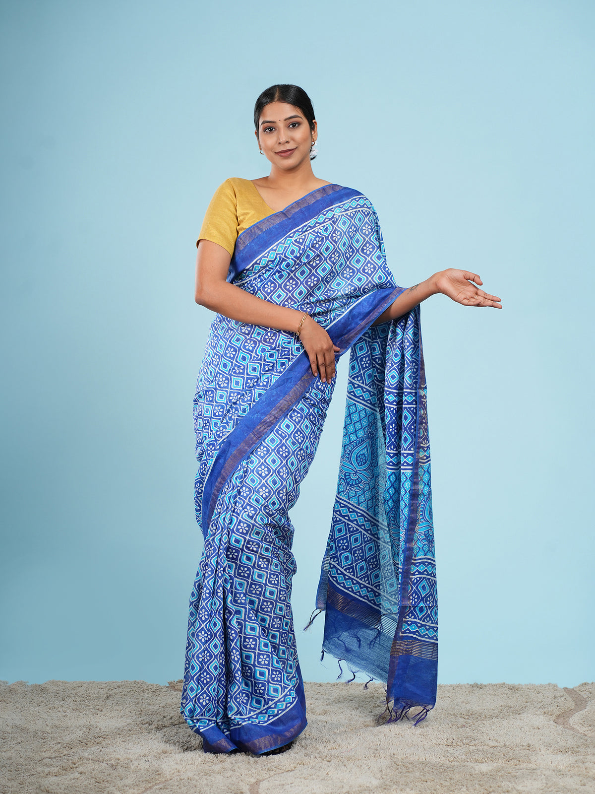 Indigo blue Vegan Silk geometric-print saree – Koshnika