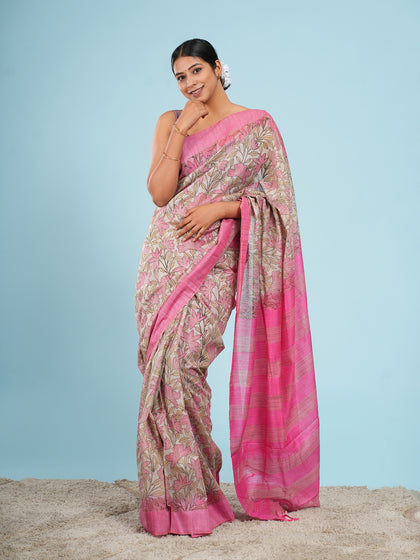 Pink Floral Bamboo Silk Saree
