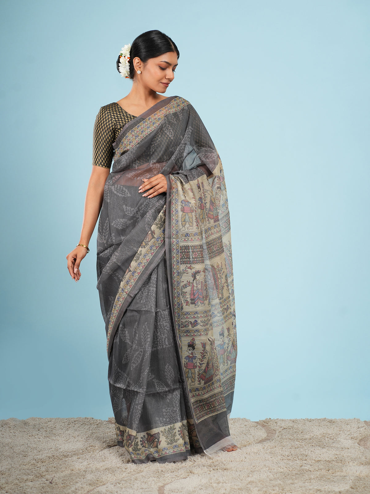 Grey Tussar silk Madhubani-print saree, full-length drape – Koshnika