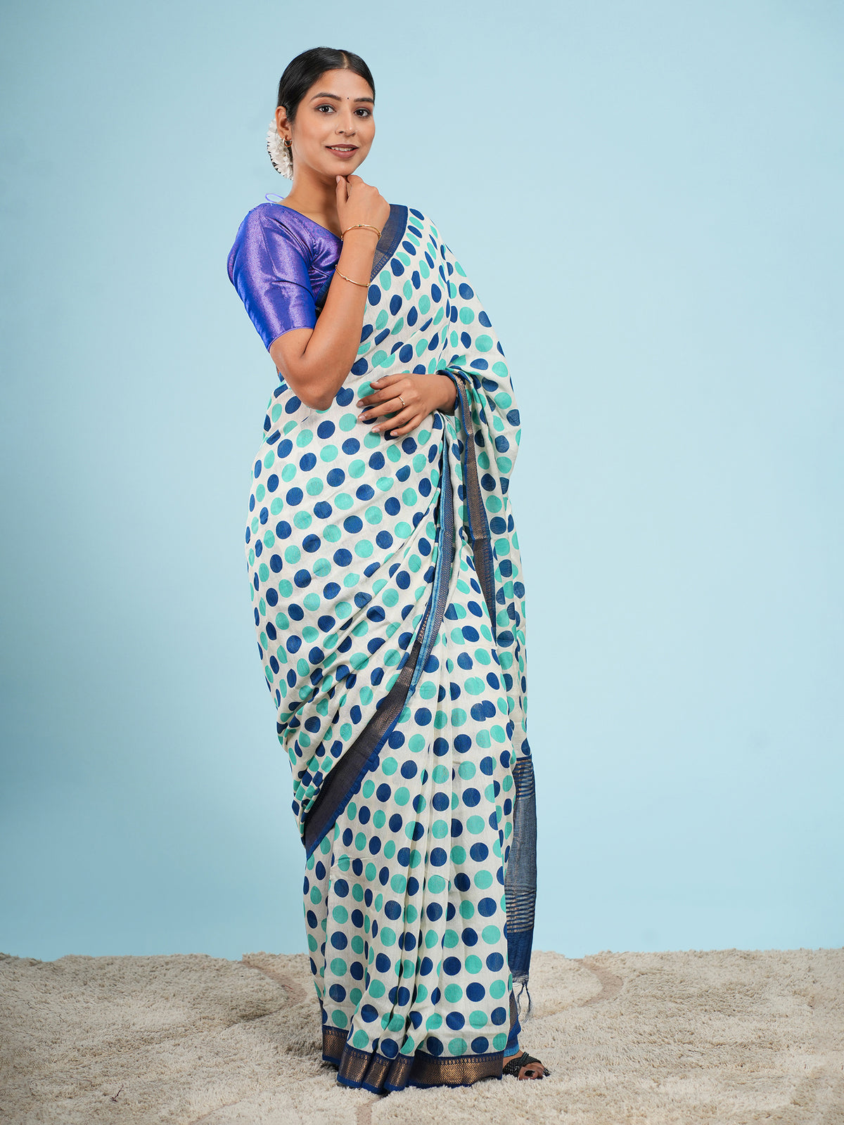 Mint Vegan Silk polka-dot print saree, drape and fall – Koshnika