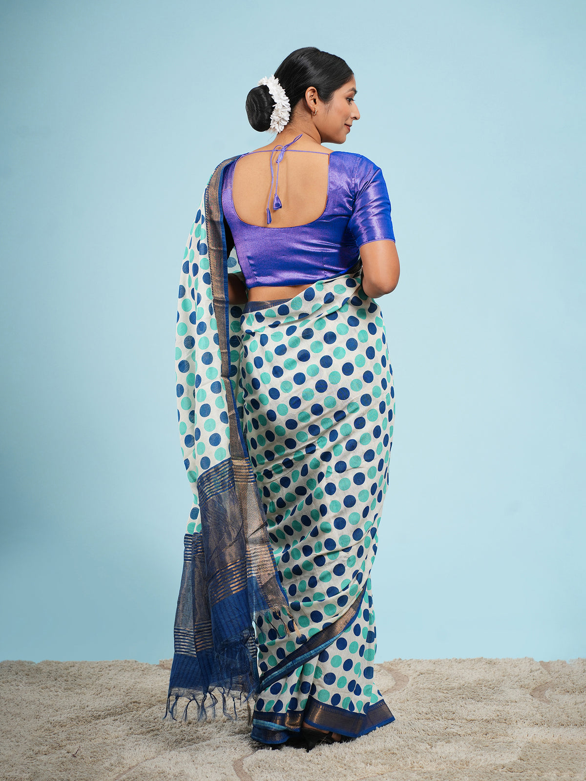 Mint Vegan Silk polka-dot print saree, dot pattern close-up – Koshnika