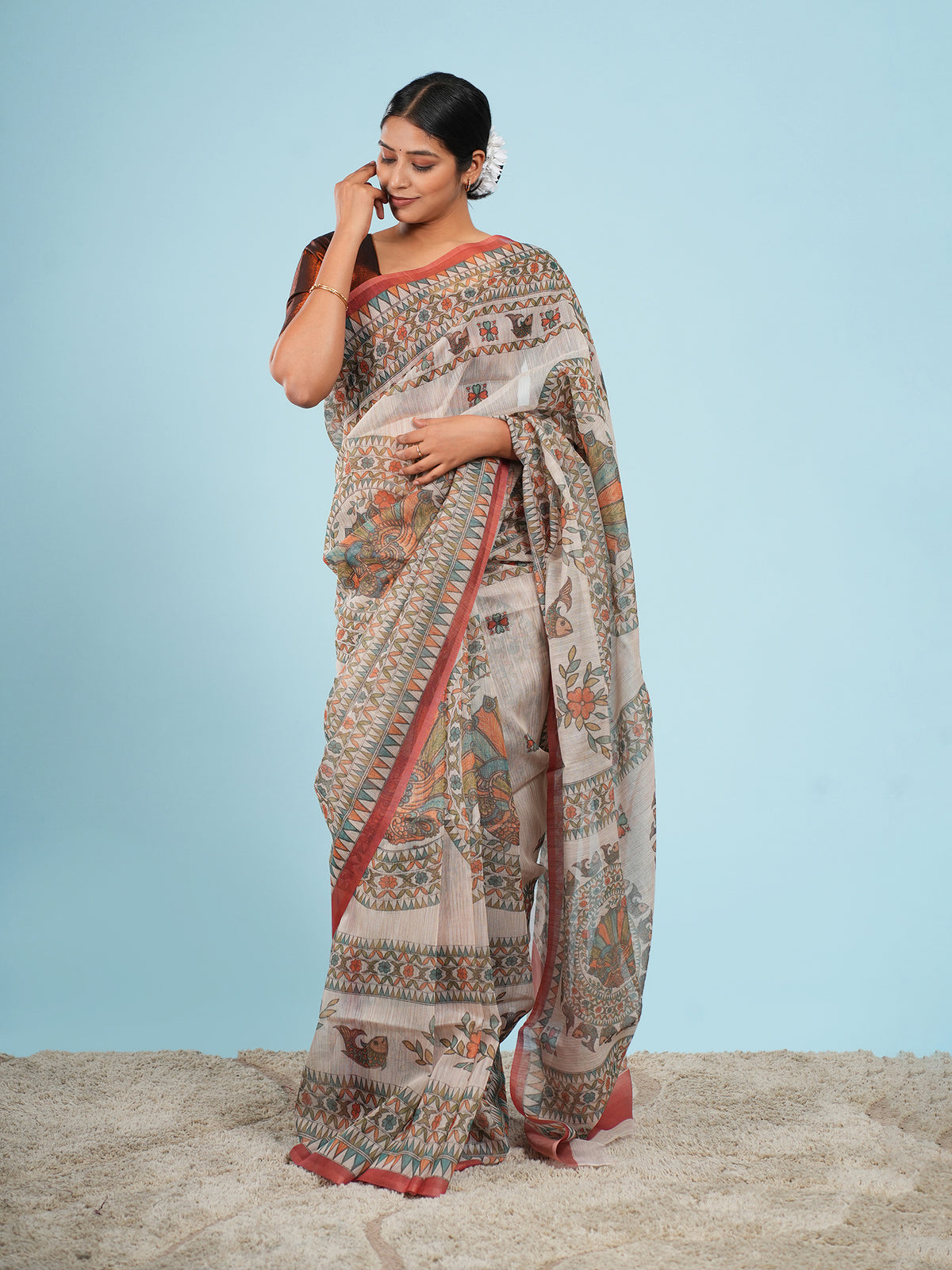 Cream Tussar silk Madhubani-print saree, red border detail – Koshnika