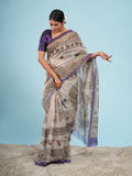 Anvaya beige and purple Tussar silk Madhubani-print saree – Koshnika