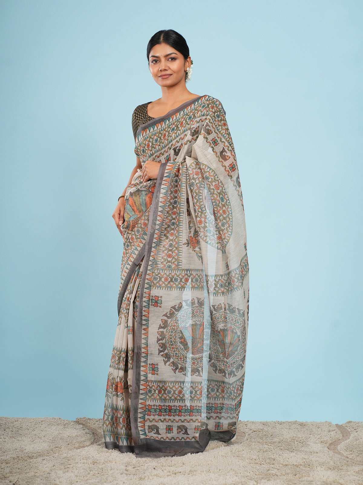Ivory Tussar silk Madhubani-print saree – Koshnika