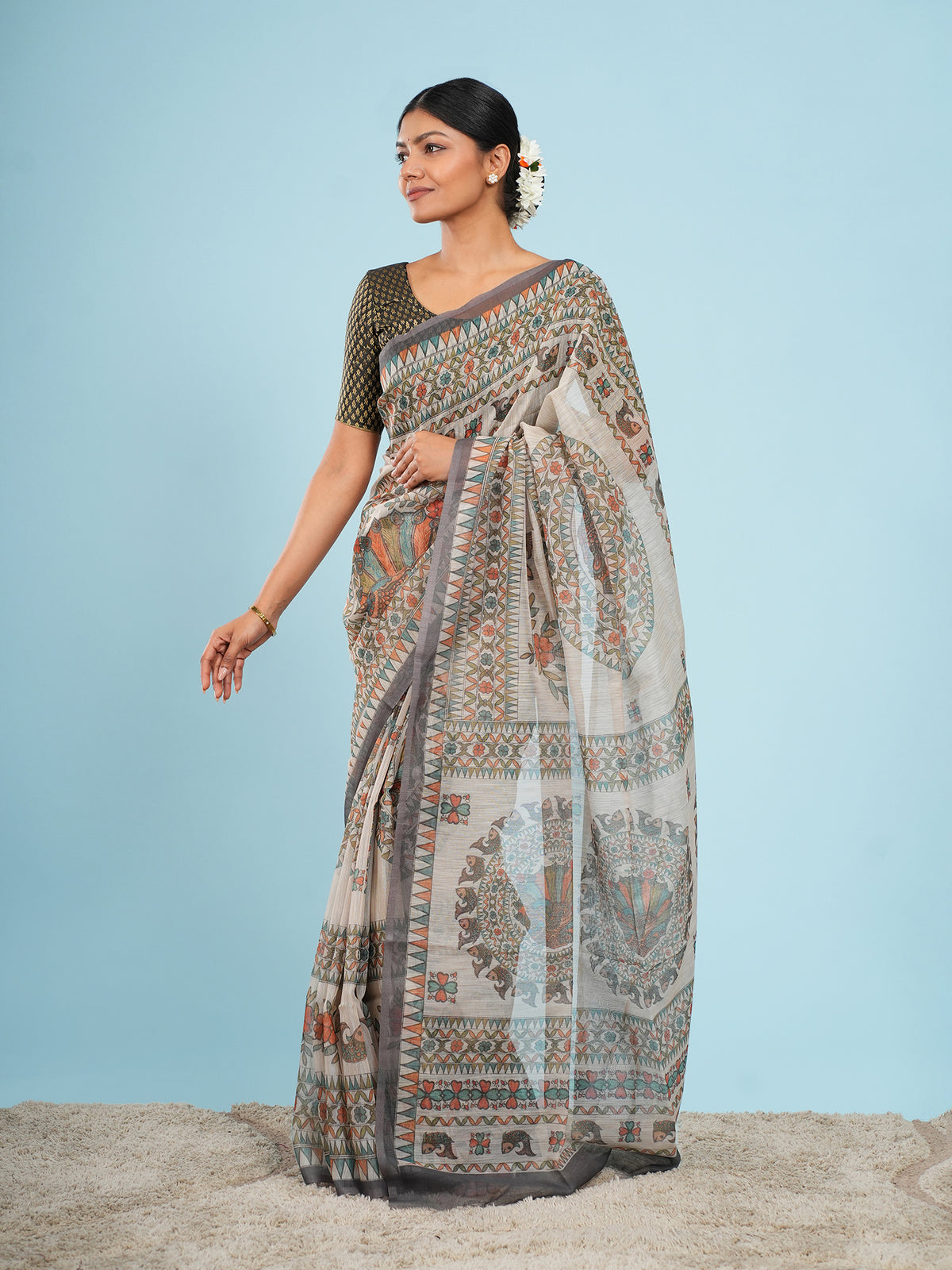 Ivory Tussar silk Madhubani-print saree, drape and fall – Koshnika