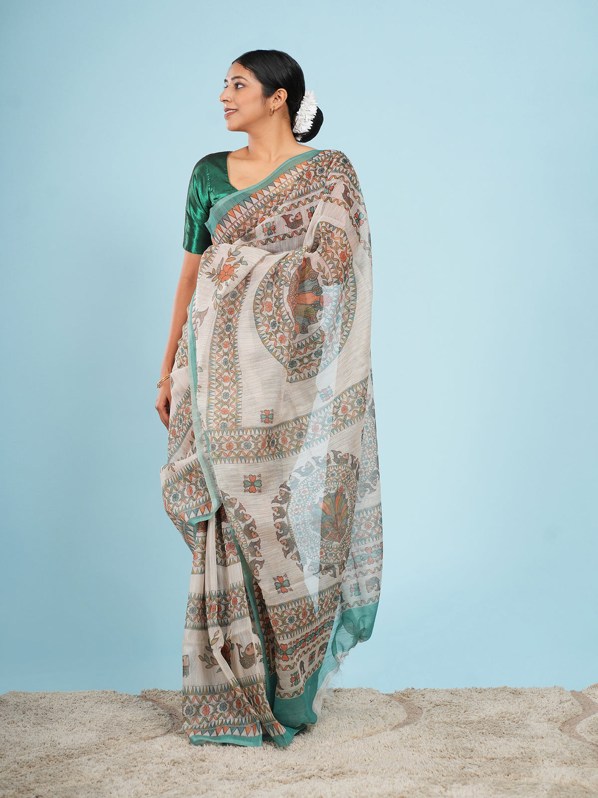 Ivory Tussar Madhubani saree full-length drape – Koshnika
