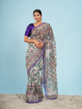 Natural Tussar silk Madhubani-print saree, multicolour border – Koshnika