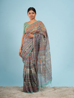 Ivory Tussar silk narrative Madhubani-print saree – Koshnika