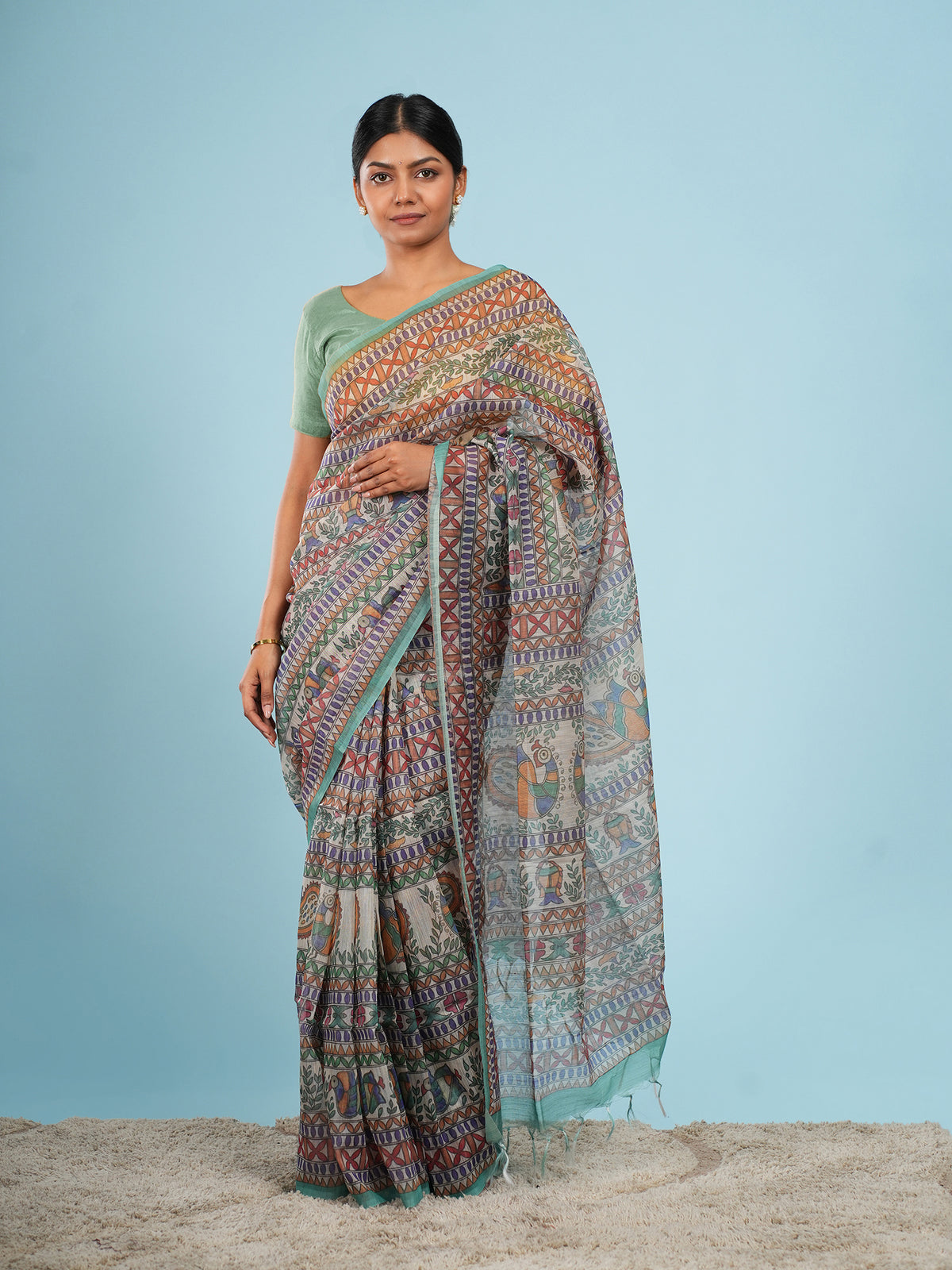 Ivory Tussar silk narrative Madhubani-print saree – Koshnika
