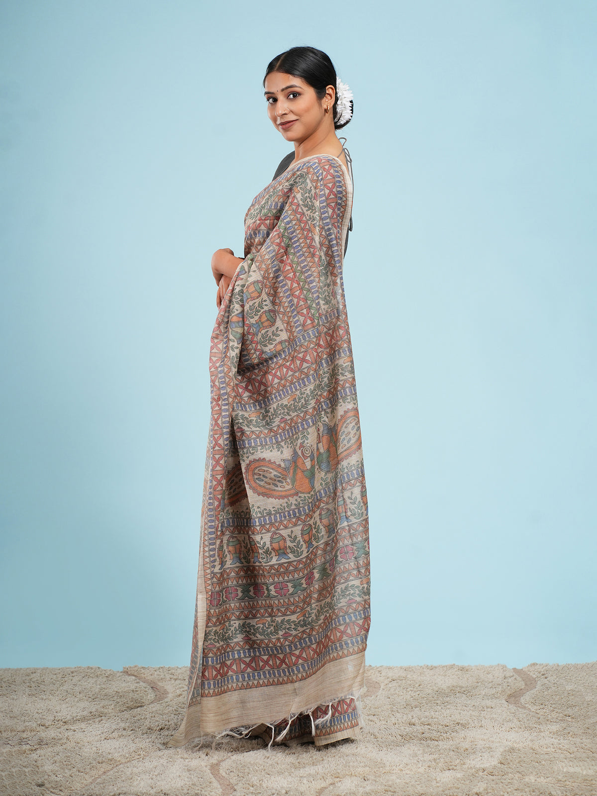 Cream Tussar silk Madhubani-print saree, full-length drape – Koshnika