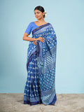 Blue Vegan Silk bird-motif print saree – Koshnika