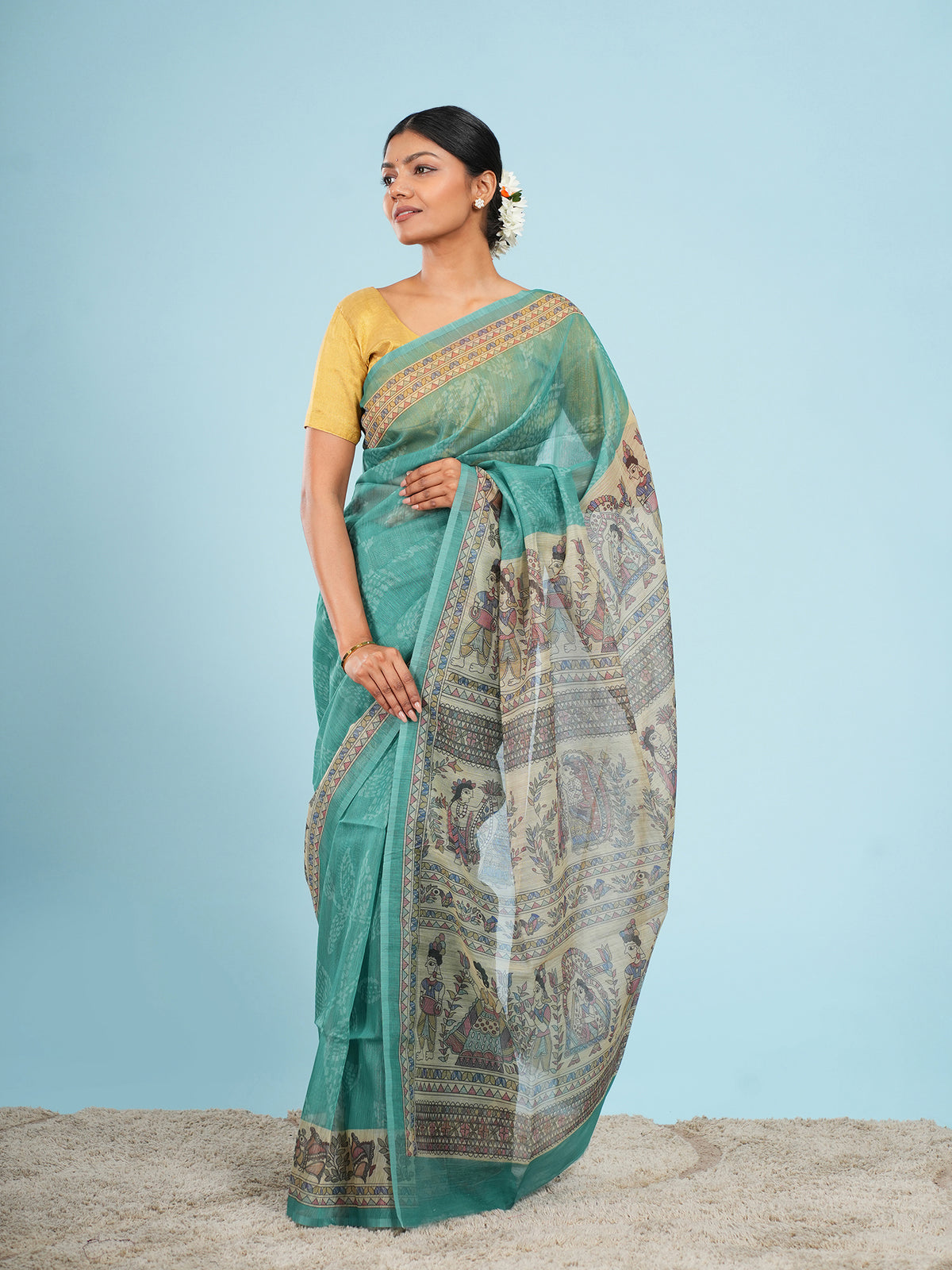 Sea green Tussar silk Madhubani-print saree, Madhubani motif close-up – Koshnika