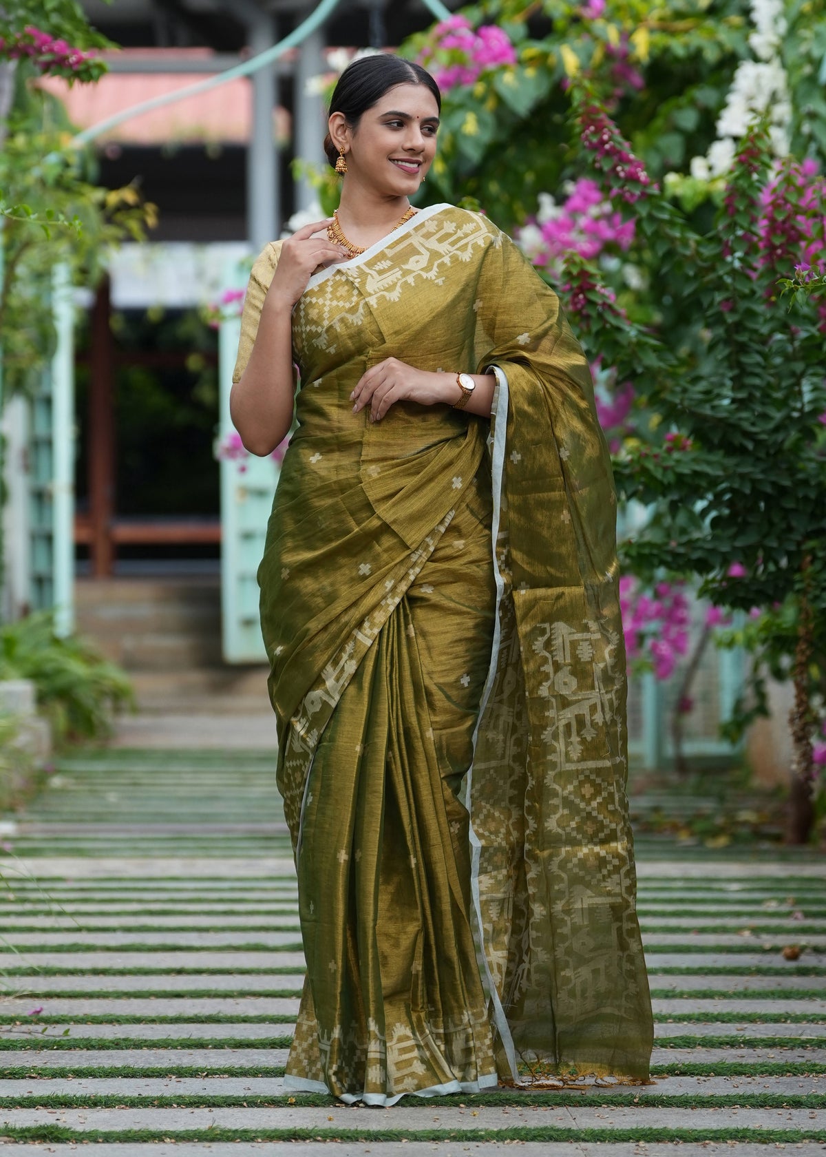 Deep Olive Tissue Saree