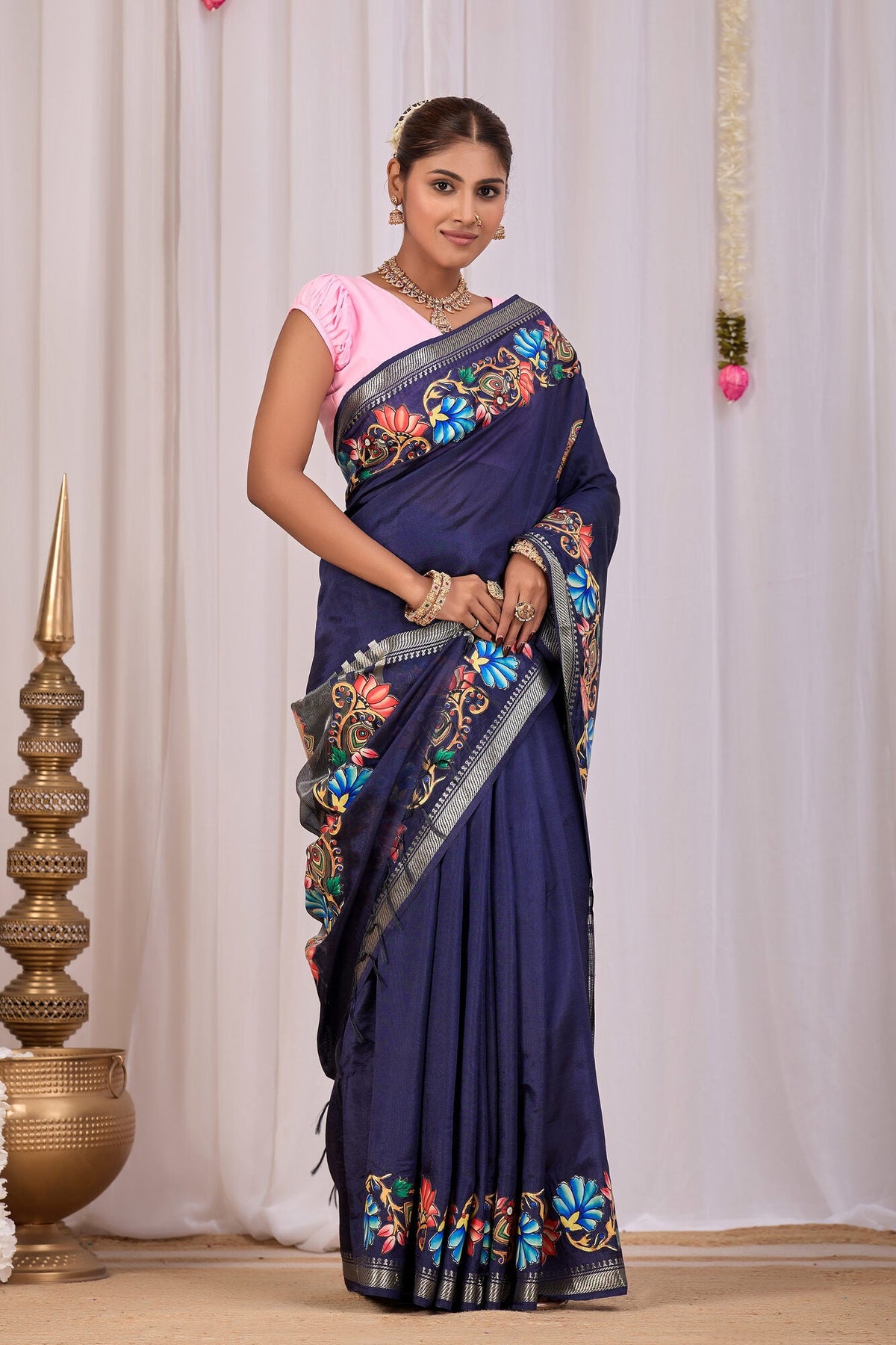 Indu Midnight Navy Banana Silk Saree — side view