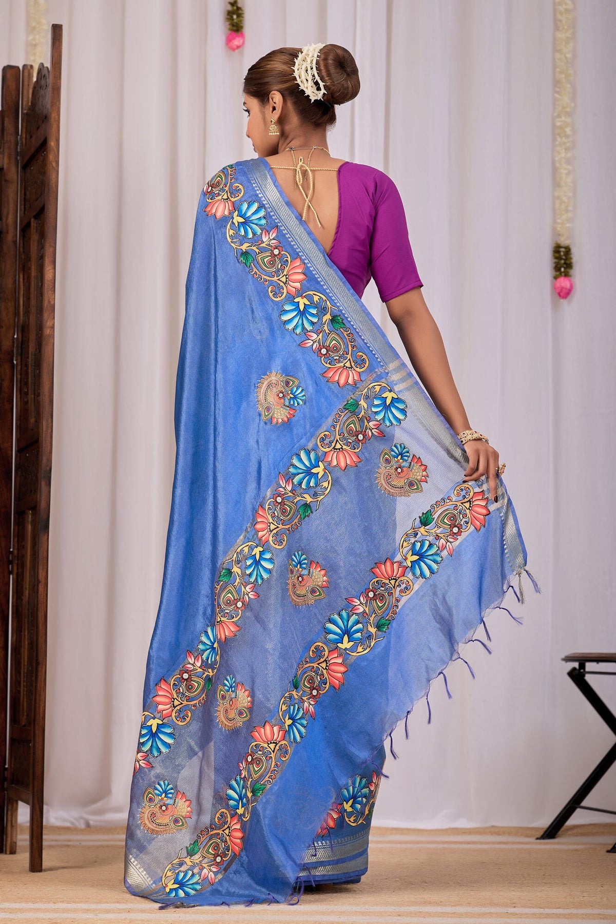 Jalaja Cornflower Blue Banana Silk Saree — back view