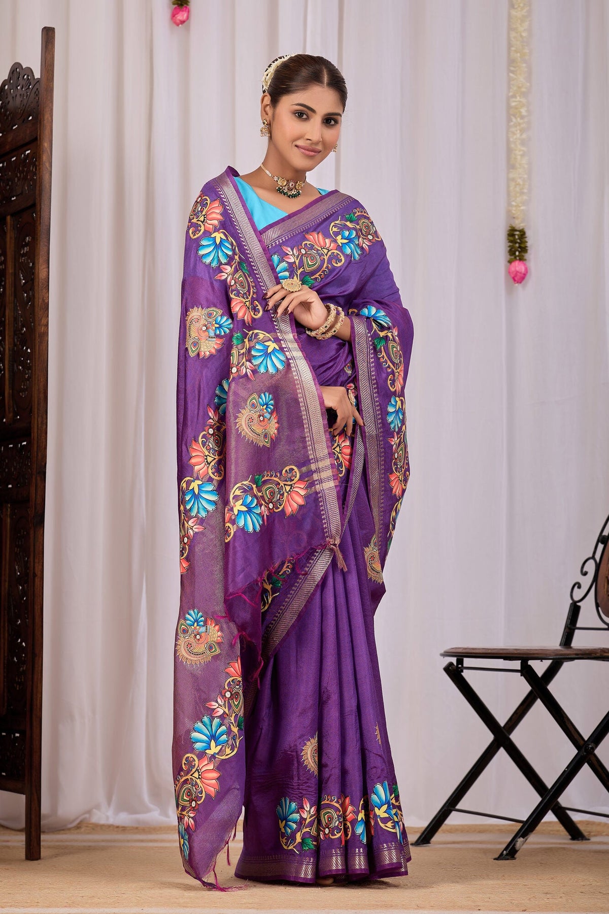 Kalika Grape Purple Banana Silk Saree — side view