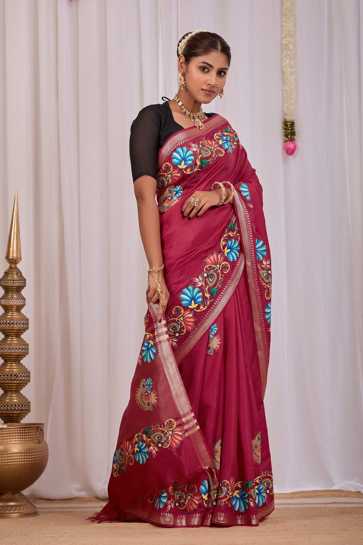 Madira Wine Banana Silk Saree — side view