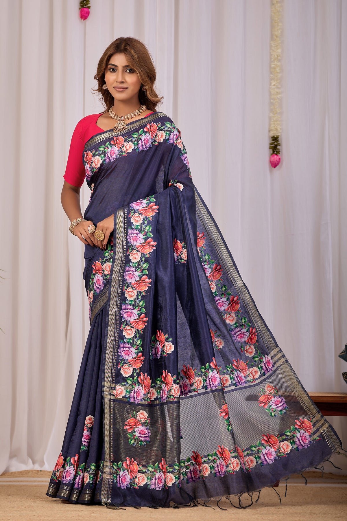 Nisha Navy Blue Banana Silk Saree — pallu detail