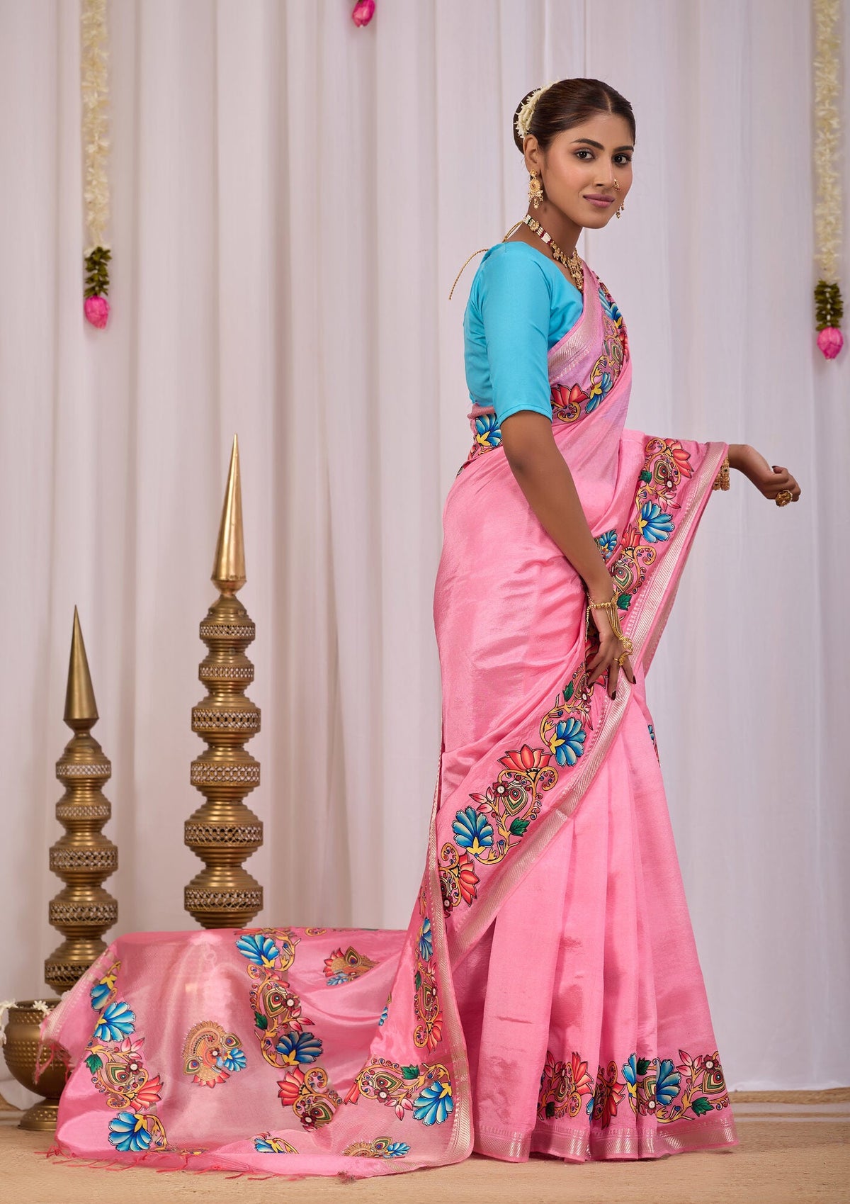 Usha Blush Pink Banana Silk Saree — side view